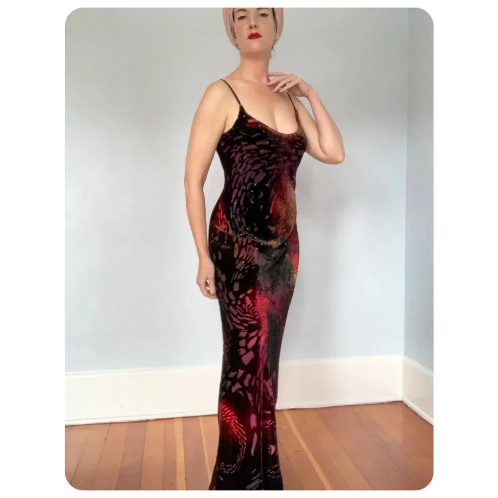 Vintage Andrea Polizzi for Rex Lester 90’s Burnout Velvet Bedazzled Dress - Picture 3 of 10
